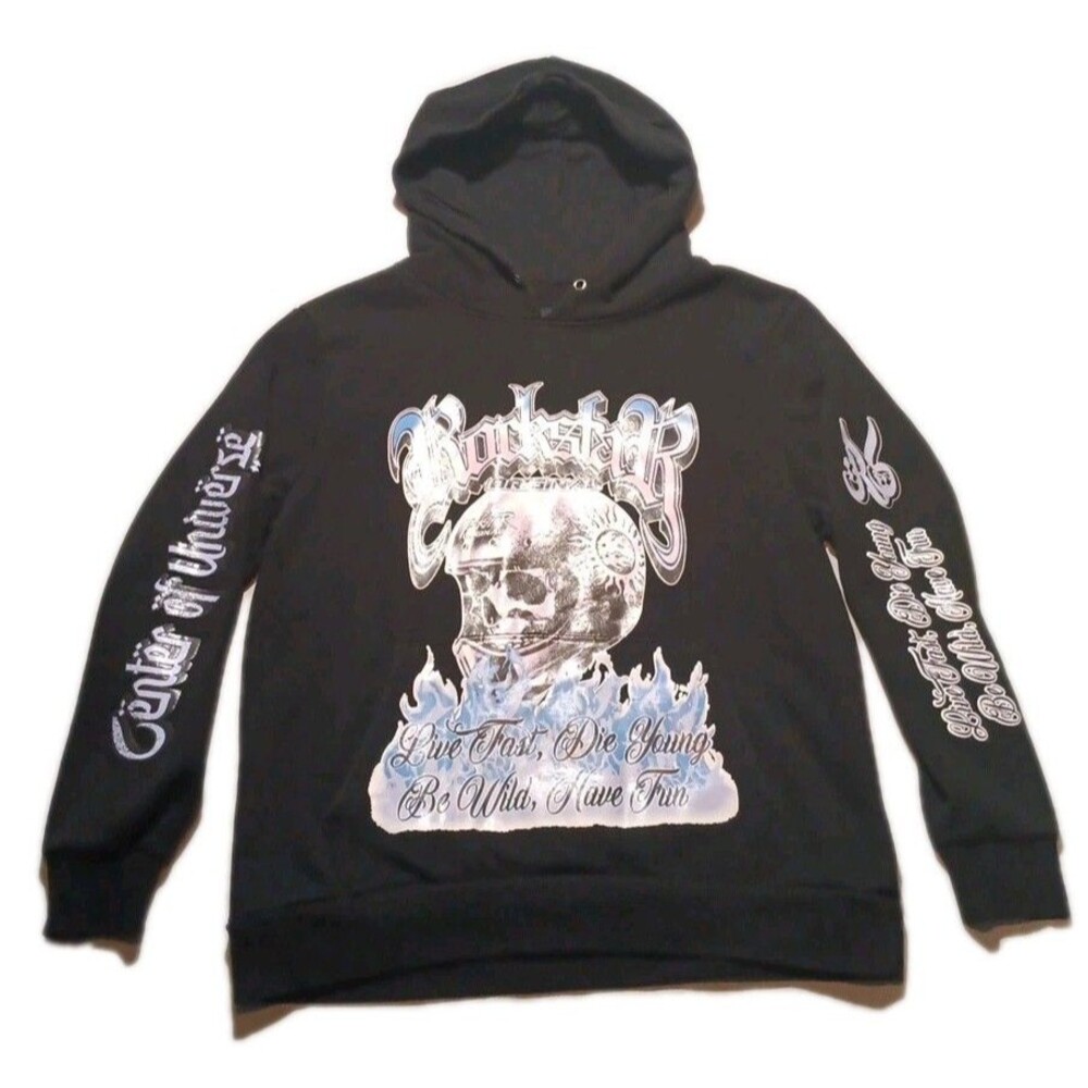 Rockstar Original Art Black Hoodie Men’s Size Lrg Big Graphic Print Skull Grunge